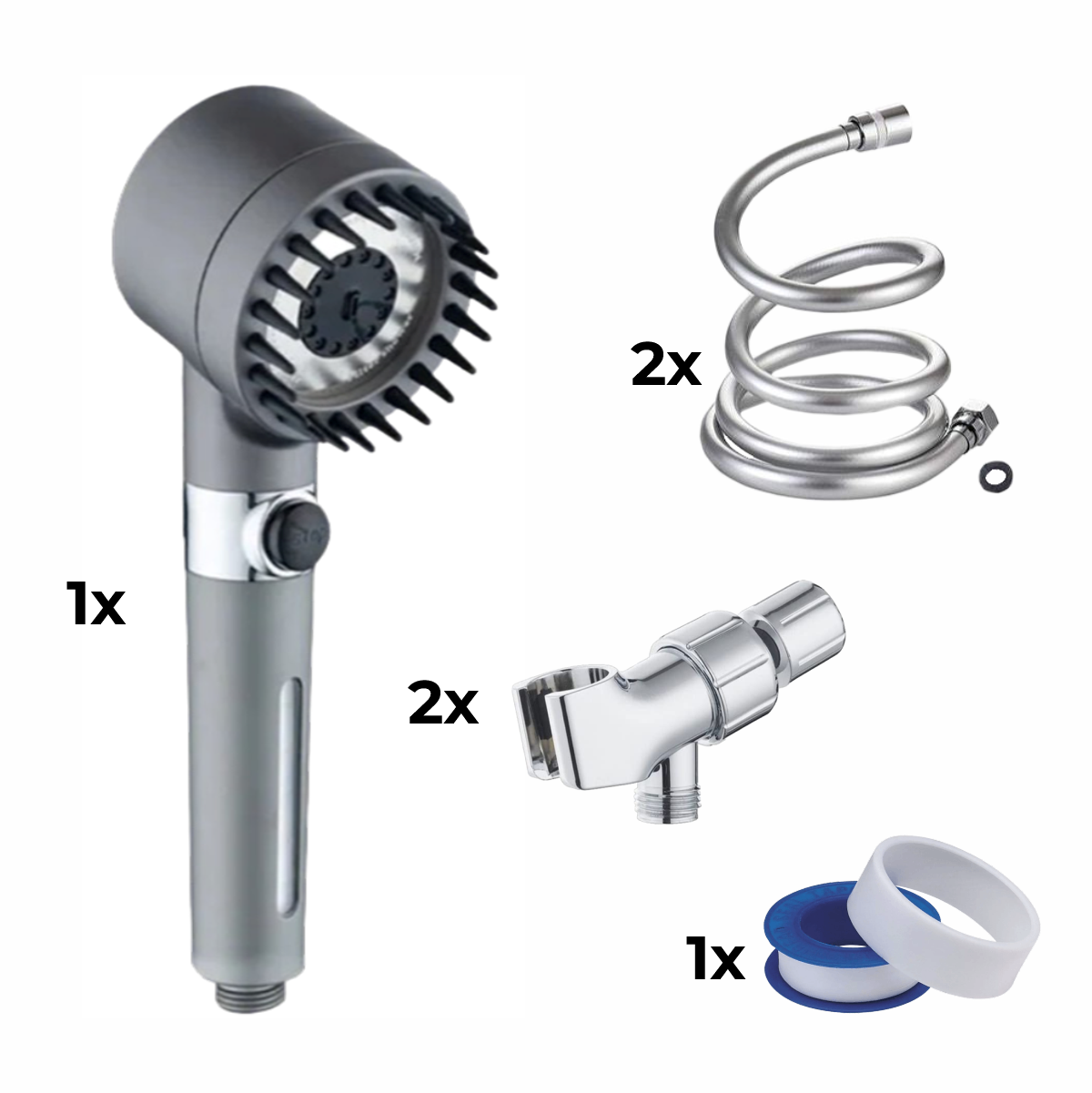 Cabezal de ducha + 2x manguera + adaptador 2x + cinta de teflón