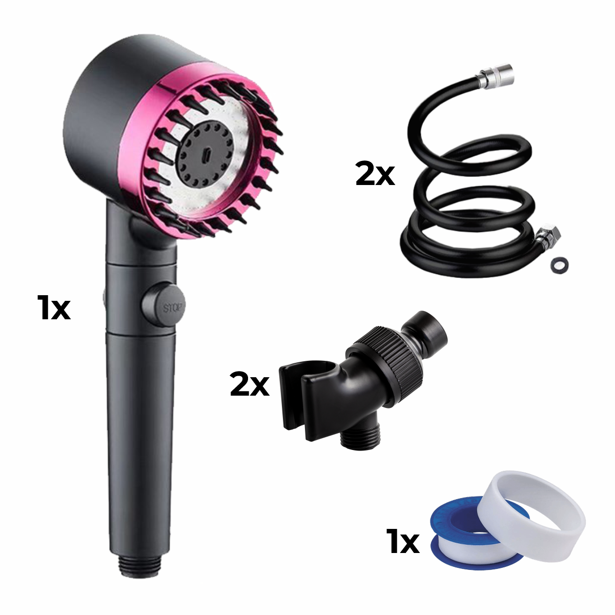 Cabezal de ducha + 2x manguera + adaptador 2x + cinta de teflón