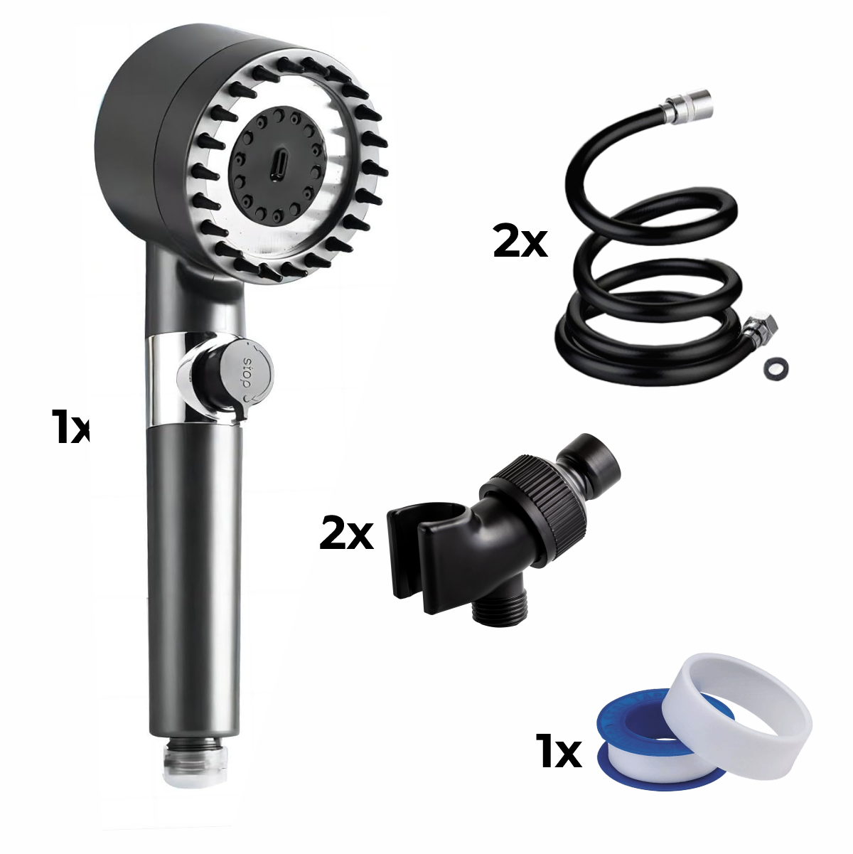 Cabezal de ducha + 2x manguera + adaptador 2x + cinta de teflón